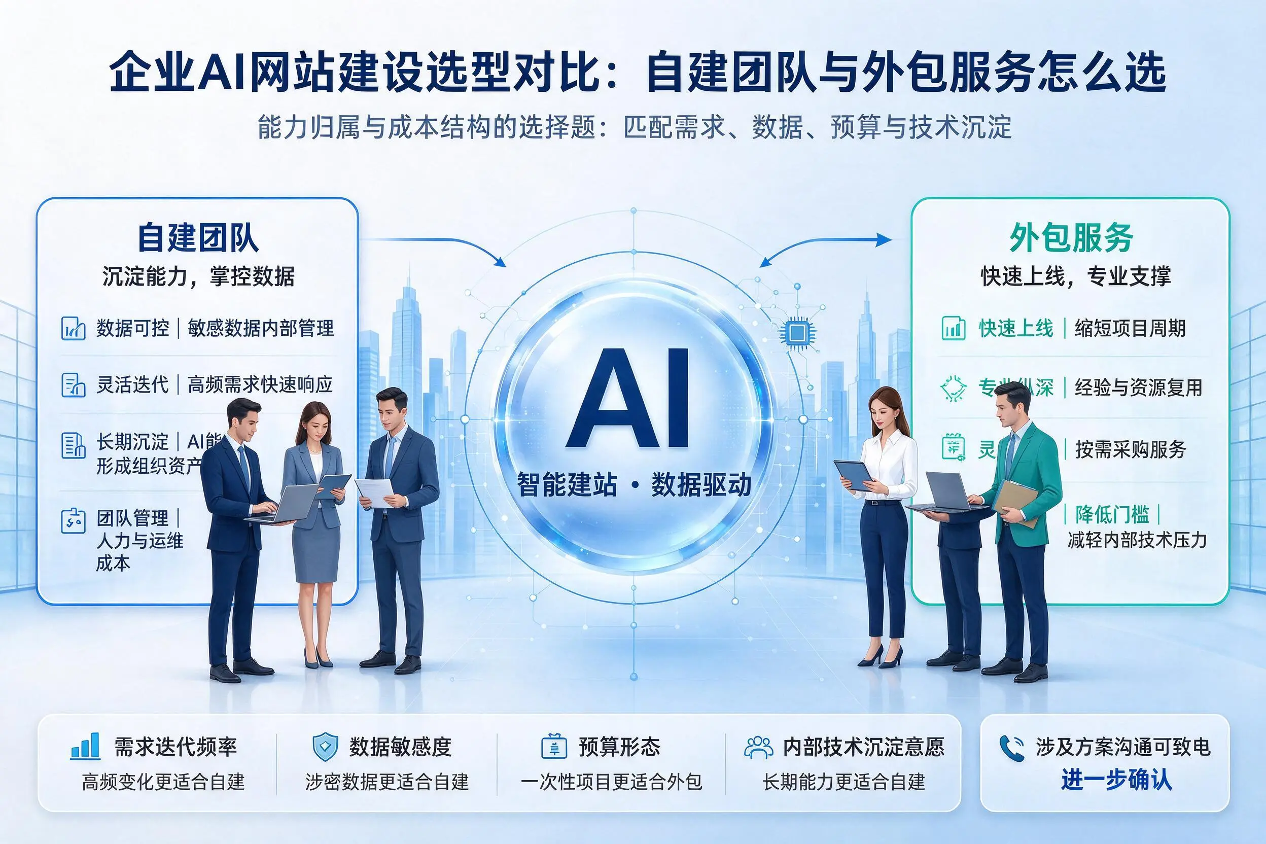 吐鲁番企业AI网站建设选型对比:自建团队与外包服务怎么选